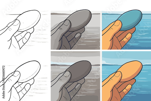 Skipping Stone Ready. Child reading a book inside blanket fort, lamp casting circular light around, stylized balance of solitude