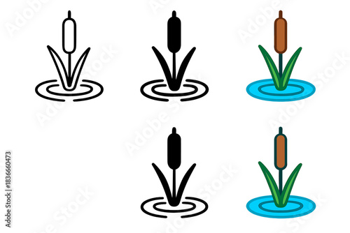 Cattail Reflection Study. Close-up of single cattail surrounded by rippling reflections, minimalist study of balance and texture,