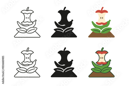 Geometric Compost Art. Minimal compost heap illustration with apple core, peel, and leaves layered geometrically, clear