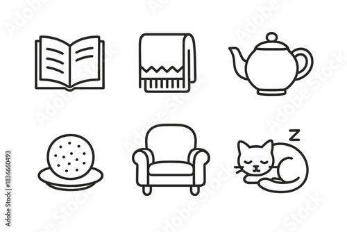 Cozy Afternoon Icons. Line style icons of Cozy Afternoons: book, blanket, tea pot, biscuit, armchair, cat nap. No text, No labels,