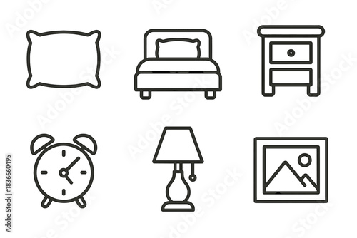 Bedroom Icon Set. Line style icons of Bedroom Serenity: pillow, bed, nightstand, alarm clock, lamp, framed picture. No text, No