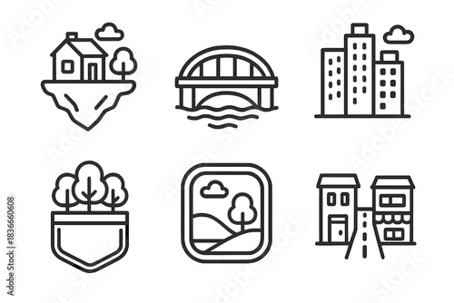 Little Realities Icons. Line style icons of Little Realities: floating island home, mini bridge, condensed skyline, pocket forest,