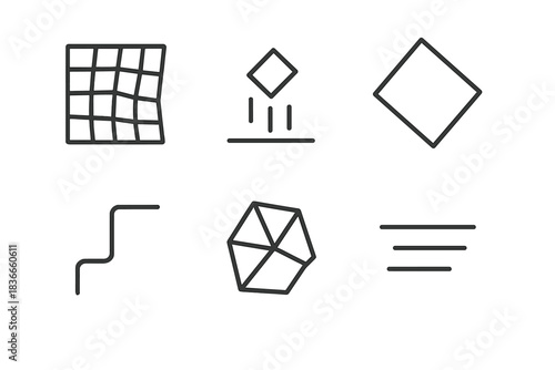 Controlled Chaos Icons. Line style icons of Controlled Disorder: disrupted grid, falling shape, rotated frame, bent path,
