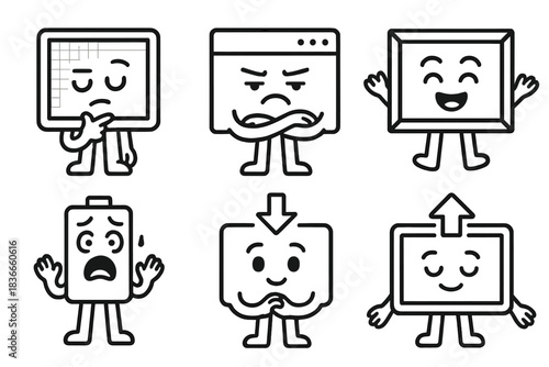 Sentient Screen Icons. Line style icons of Sentient Screen: thoughtful pixel, grumpy window, joyful frame, scared battery, hopeful