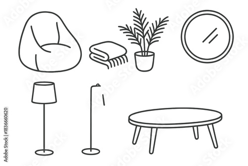 Serene Corners Icons. Line style icons of Serene Corners: bean bag chair, folded throw, potted fern, round mirror, simple floor
