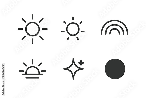 Spectrum of Mood Icons. Line style icons of Spectrum of Mood: radiant burst, dim glow, vibrant arc, fading light, soft shimmer,