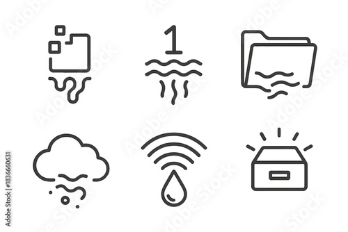 Vapor Data Icons. Line style icons of Vapor Data: dissolving icon, floating byte, transparent folder, vanishing cloud, liquid