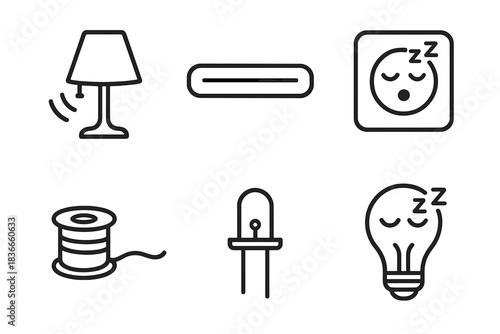 Quiet Light Icons. Line style icons of Quiet Lights: soft lamp, faint neon bar, sleeping socket, glowing thread, peaceful diode,