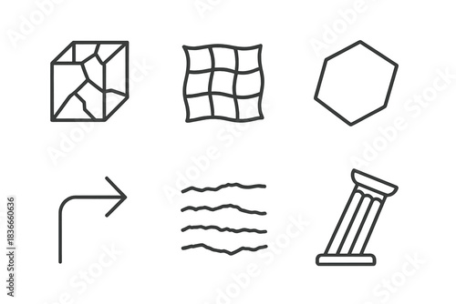 Imperfect Geometry Icons. Line style icons of Imperfect Geometry: fractured cube, warped grid, asymmetrical hexagon, bent arrow,