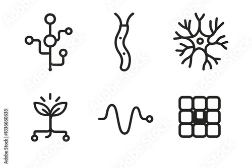 Living Code Icons. Line style icons of Living Code: pulsing circuit, breathing wire, neural pattern, glowing stem, organic signal,