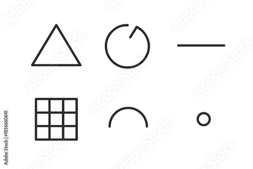 Minimalist Geometric Icons. Line style icons of Quiet Geometry: empty triangle, fractured loop, distant line, hollow grid, absent