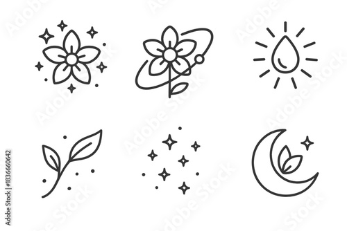 Interstellar Garden Icons. Line style icons of Interstellar Garden: blooming star, orbiting flower, radiant seed, drifting stem,