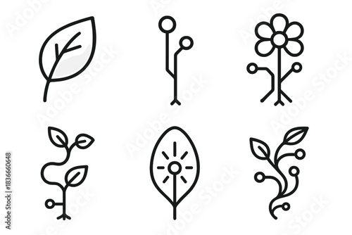 Techno Garden Icons. Line style icons of Techno Garden: chrome leaf, fiber stem, luminous root, wired blossom, digital vine,