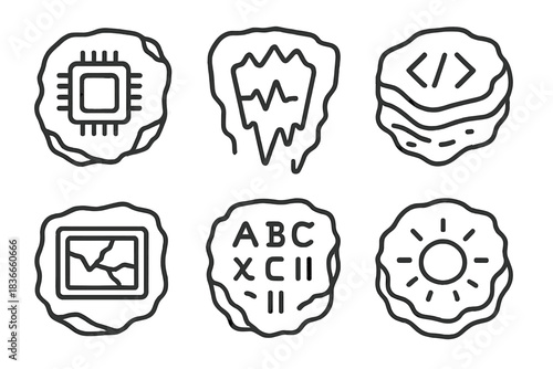 Data Fossil Icons. Line style icons of Data Fossils: embedded chip, frozen signal, layered code, broken frame, ancient script,