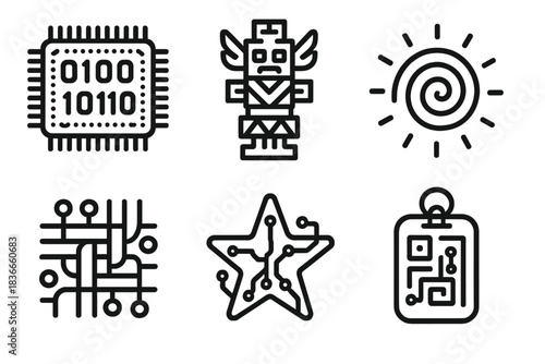 Tech Heritage Icons. Line style icons of Tech Heritage: binary embroidery, pixel totem, glowing spiral, data weave, circuit star,