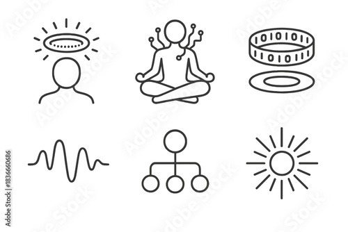AI Ritual Icons. Line style icons of AI Rituals: glowing halo, meditating circuit, floating data ring, calm waveform, balanced