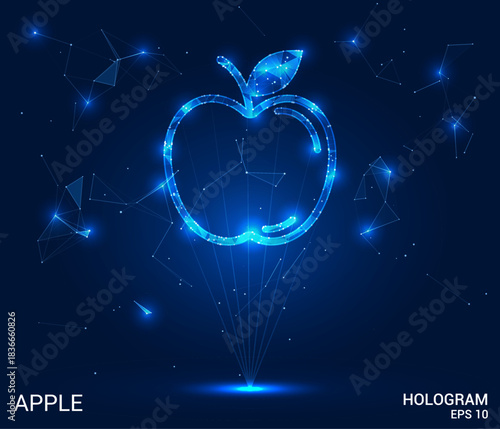Hologram apple. The apple is made of polygons, triangles, dots and lines. The apple is a low poly connection structure. Technology, concept, vector. The apple appears against a deep blue background.