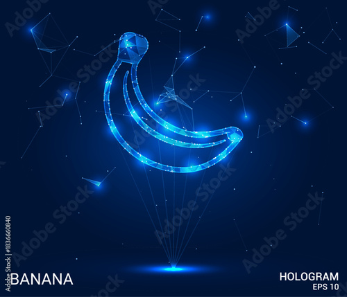 Hologram banana. The banana is made of polygons, triangles, dots and lines. The banana is a low poly connection structure. Technology, concept, vector. The banana glows on a deep blue backdrop.