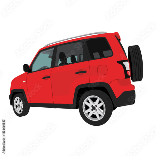 Red SUV parked on a black background with a spare tire mounted on the back and silver wheels displaying a clean and modern design ideal for automotive themes