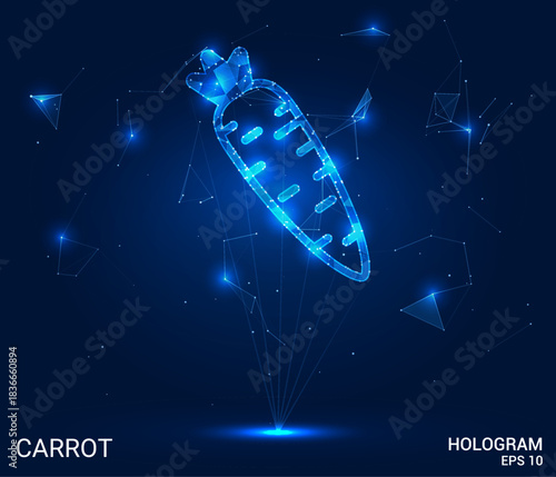 Hologram carrot. The carrot is made of polygons, triangles, dots and lines. The carrot is a low poly connection structure. Technology, concept, vector. The carrot floats above a blue field.