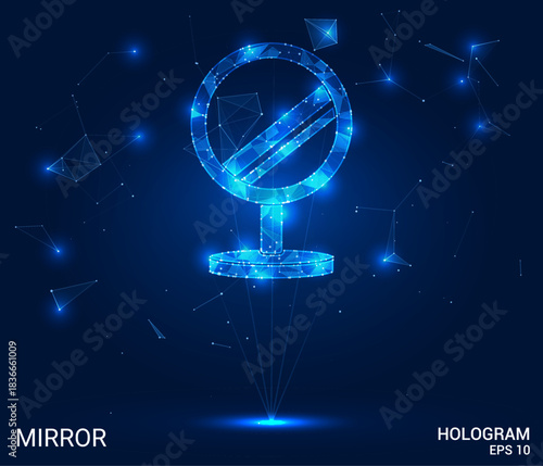Hologram mirror. The mirror is made of polygons, triangles, dots and lines. The mirror is a low poly connection structure. Technology, concept, vector. Mirror reflects blue hues softly.