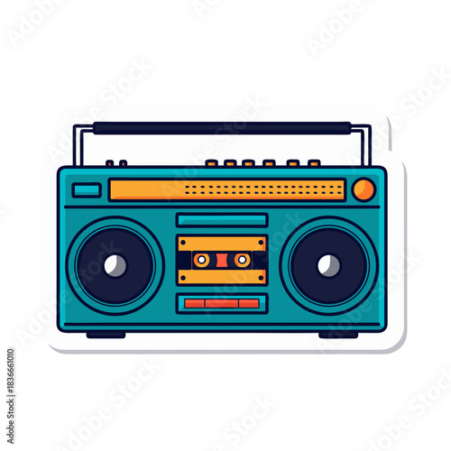 Retro teal portable cassette player with orange accents and visible tape reels depicted in a flat vector illustration style on a white background capturing a nostalgic 1980s aesthetic