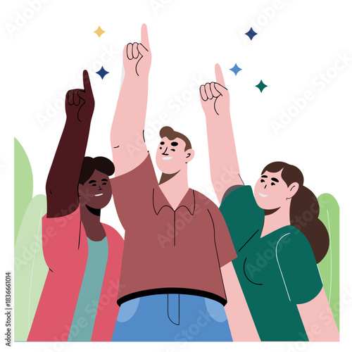 A group of people are shown with their hands raised in the air, as if they are celebrating or cheeri