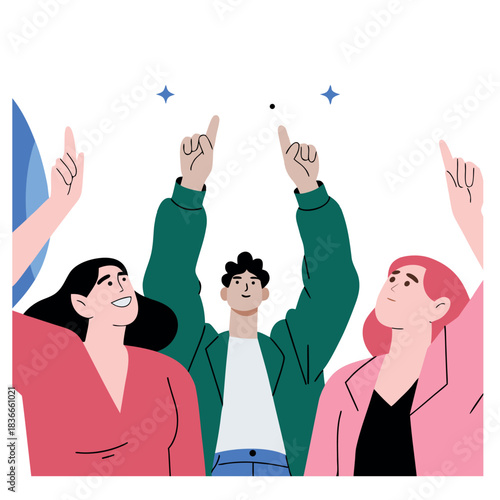 Three people are holding up their hands in the air, with one person pointing to the sky