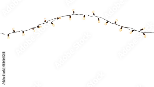 Fotografia Arch of illuminated vintage light bulbs on black wire string over transparent ba