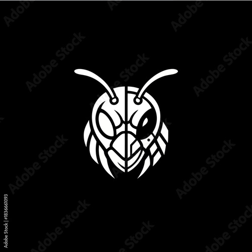 Stylized white outline of an insect head, resembling a bee or wasp, on a black background, graphic logo design.