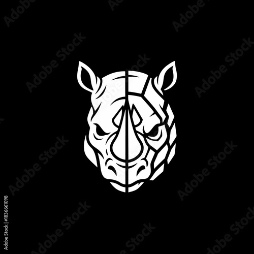 A striking white rhinoceros head logo with a geometric, fragmented design on a black background.