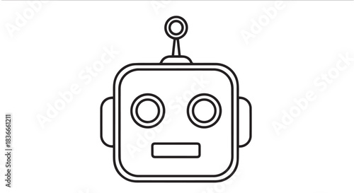 Minimal line drawing of a friendly robot head with antenna and circular eyes.