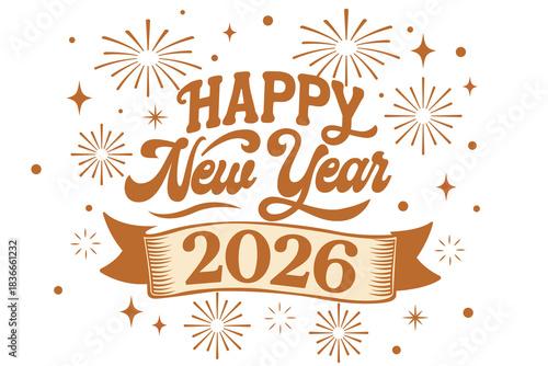Vintage Happy New Year 2026 Typography with Ribbon Banner, Snowflakes, and Fireworks

