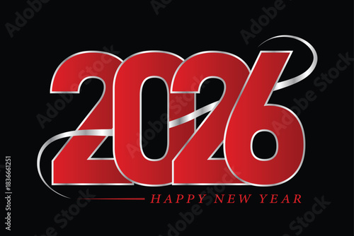 Elegant Red 2026 Happy New Year Design with Metallic Silver Accents on Black Background
