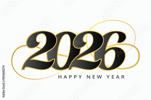 Elegant 2026 Happy New Year Typography with Black and Gold Decorative Style
