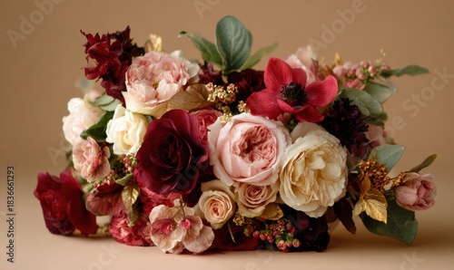 A bouquet of flowers with red and pink flowers