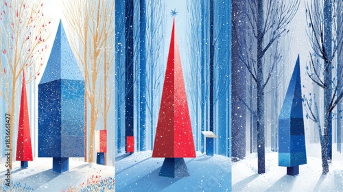 Geometric Shapes Represent Christmas Trees in a Snowy Forest With Trees and Snowfall During Winter Season in a Festive Setting
