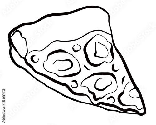 Vector icon with a slice of pepperoni pizza with cheese edges and tomatoes. Isolated doodle sketch illustration with piece of pizza.
