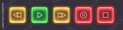 Neon media player buttons. Colorful glowing glossy audio control icons. Interface elements for music or video streaming service. Vector illustration.