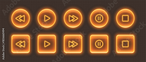 Neon media player buttons. Orange glowing glossy audio control icons. Interface elements for music or video streaming service. Vector illustration.