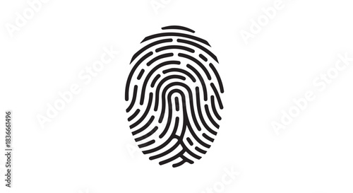 Close up of a black fingerprint icon on white background for biometric graphic resources.