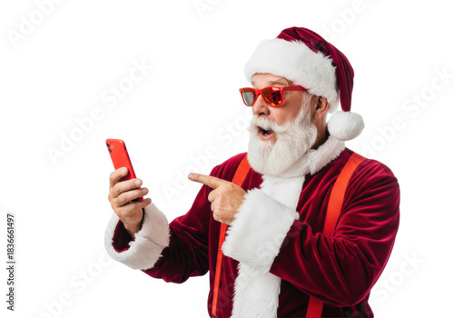 Robust elderly man wearing a crimson velvet santa suit, red mirrored sunglasses, pointing excitedly next to copy space on a high-key white studio background, commercial christmas advertising concept