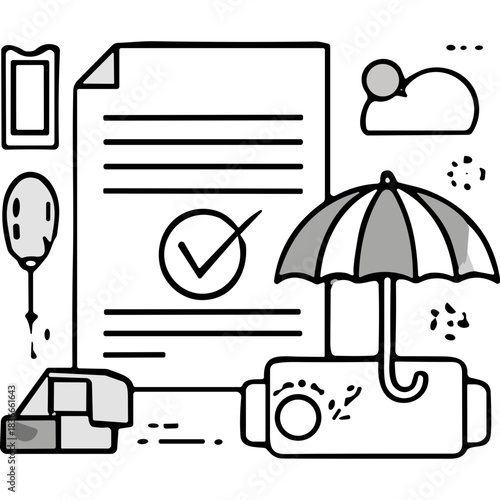 Document With Check Mark Under Umbrella Protection Symbolizing Insurance Policy or Legal Agreement Safety With Abstract Icons Including Cloud and Phone on Black Background