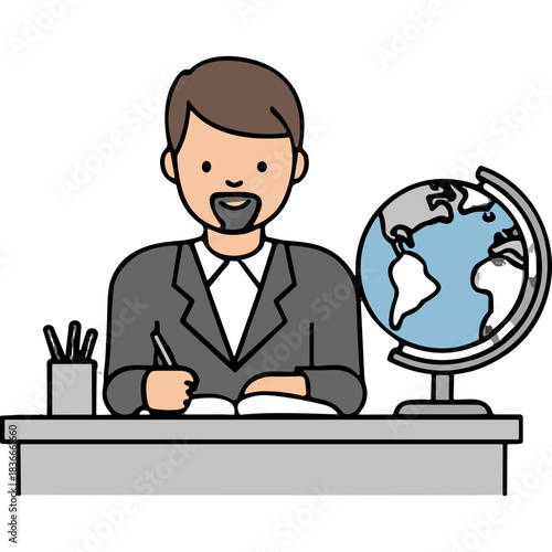 Educator Man Sitting At Desk With Globe And Pen Teaching Geography Or Social Studies In A Class Setting With Neutral Background