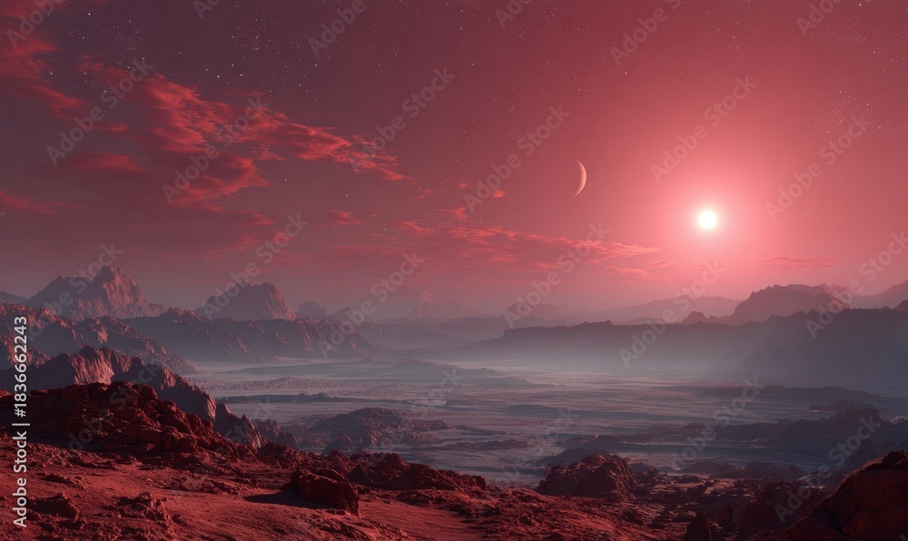 Obraz premium A red planet with a sun in the sky