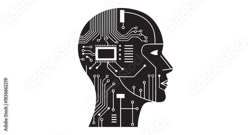 Silhouette of a human head filled with circuitry and digital patterns.