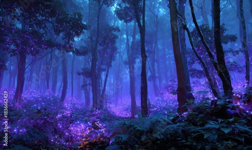 A forest with purple lights shining on the trees