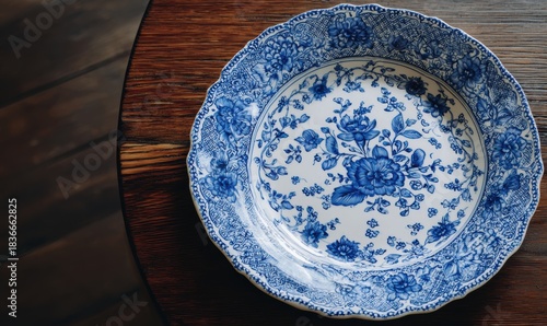 A blue and white plate with flowers on it