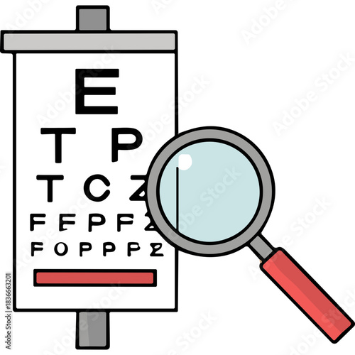 Eye Chart Examination With Magnifying Glass for Vision Test and Optometry Healthcare Concept on Black Background