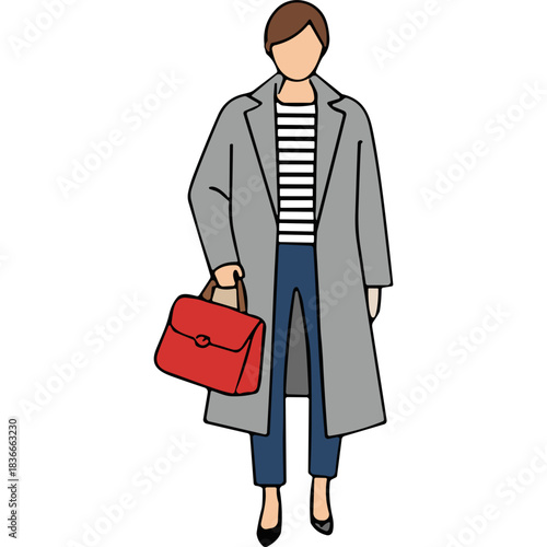Fashionable Woman In Grey Overcoat And Striped Top Holding A Red Handbag Standing On Black Background